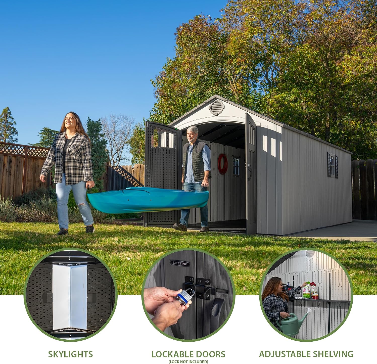 Lifetime Outdoor Storage Shed, 8x20 Ft, Gray, Resin Backyard Tool Shed with Lockable Doors and Weather-Resistant Panels