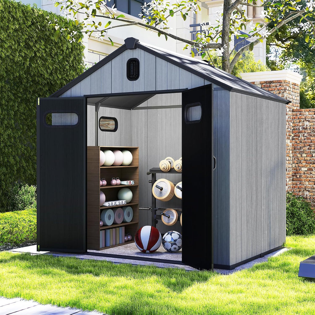 Domi 8x8Ft Resin Outdoor Storage Shed, Plastic Garden Shed with Carpet, Outside Weatherproof Storage Building for Tools, Bike, Lawn Mower, Patio, Backyard