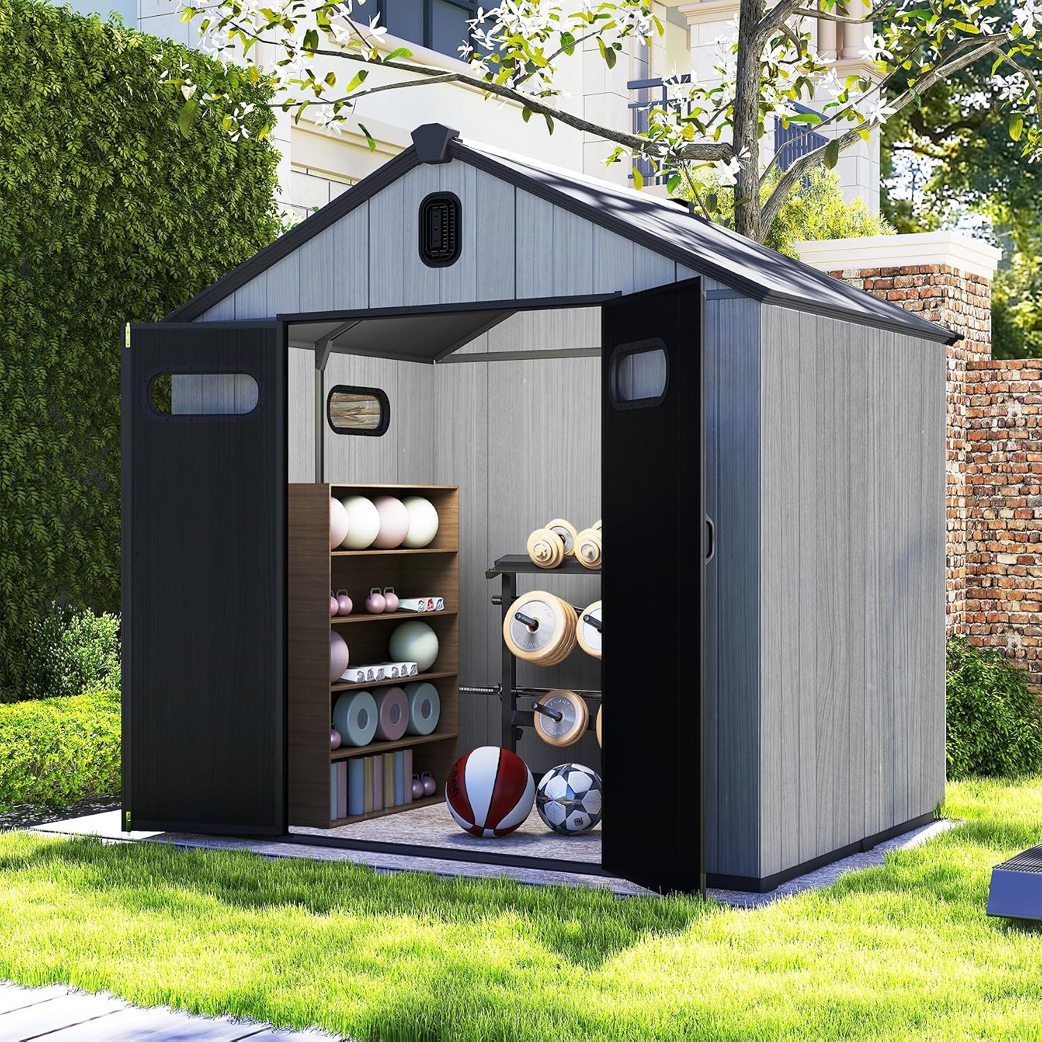 Domi 8x8Ft Resin Outdoor Storage Shed, Plastic Garden Shed with Carpet, Outside Weatherproof Storage Building for Tools, Bike, Lawn Mower, Patio, Backyard