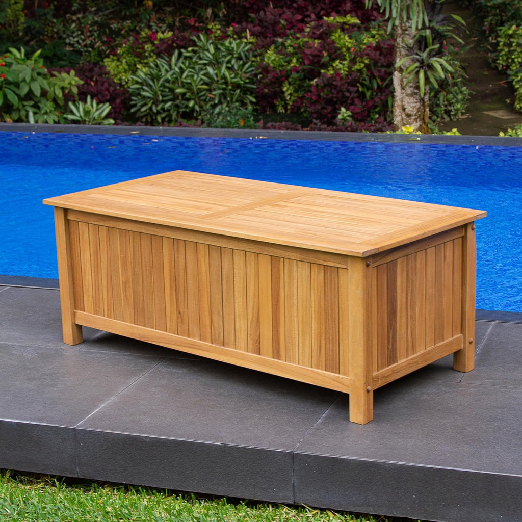 Cambridge Casual Arie 48-Inch Teak Outdoor Deck Box Storage Chest – Weather-Resistant Patio Organizer with Soft-Close Lid for Pool or Garden Storage, 49 Gallons