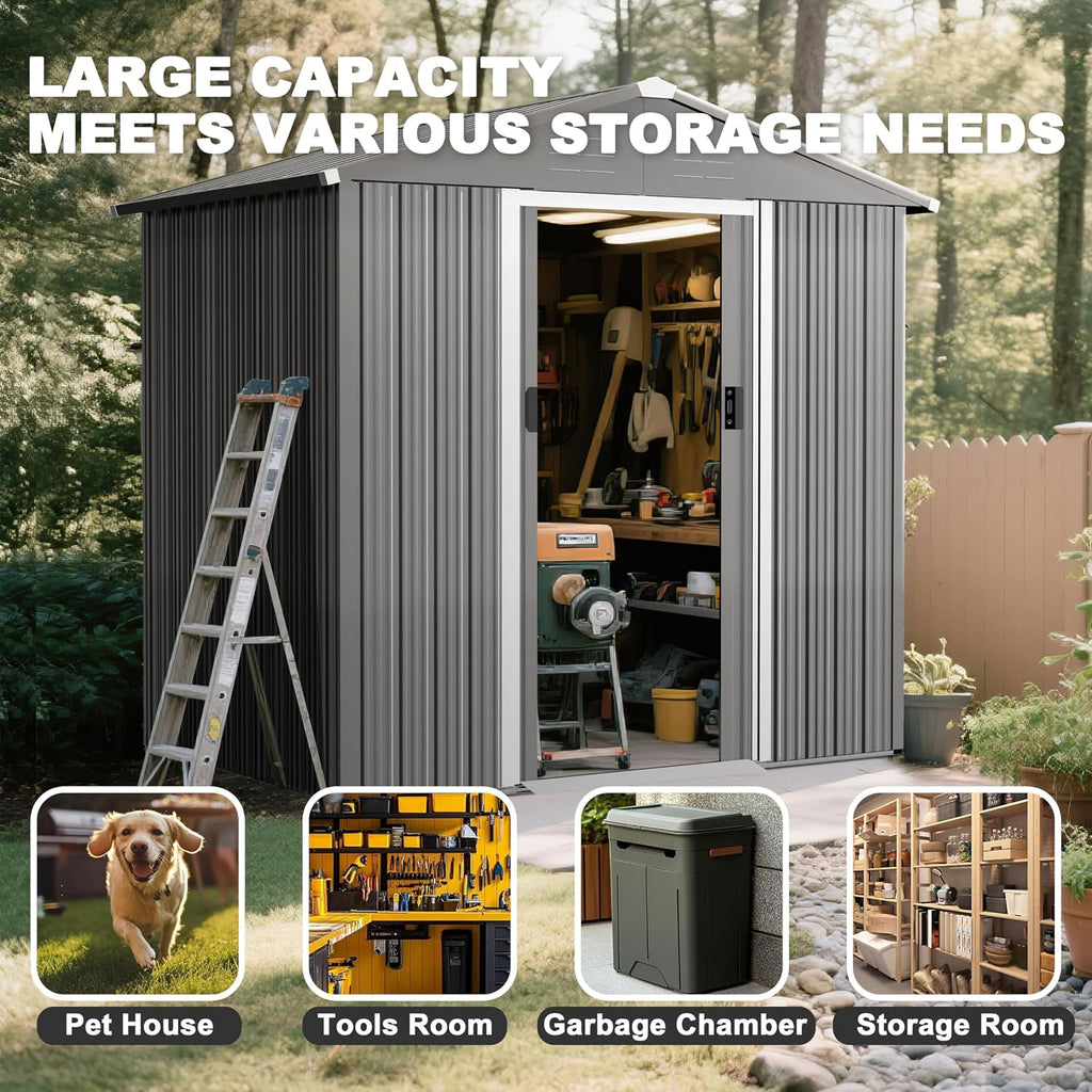Nuu Garden 6 x 4 FT Outdoor Storage Shed with Sliding Doors, Galvanized Metal Garden Storage Shed with Sloping Roof, Rust-Resistant Backyard Tool Shed with Air Vents for Patio, Lawn, Gray