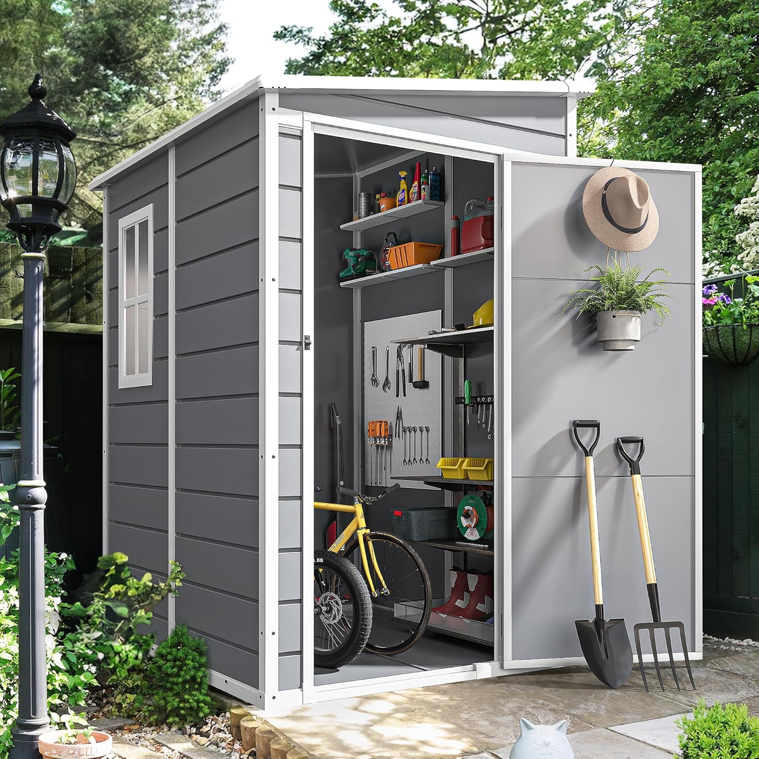 DWVO 5x4ft Resin Outdoor Storage Shed with Floor, Large Waterproof Lockable Storage Shed with Window, Plastic Outside Tool Storage for Garden Backyard Patio Lawn (Gray)