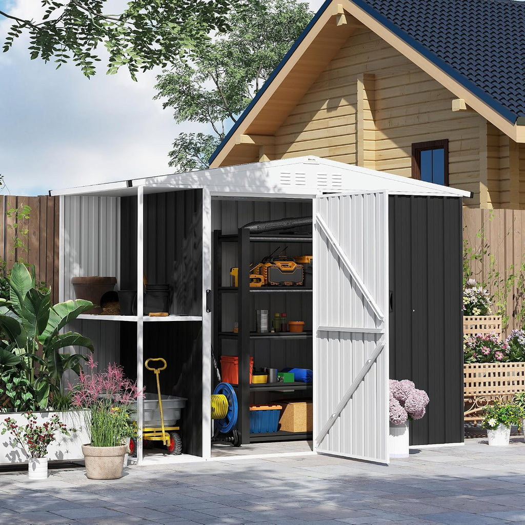 Outsunny 8 x 4ft Outdoor Storage Shed with Lock, 2-Tier Storage Rack, Air Vents, Garden Tool Shed for Backyard, Patio, Lawn, Dark Gray