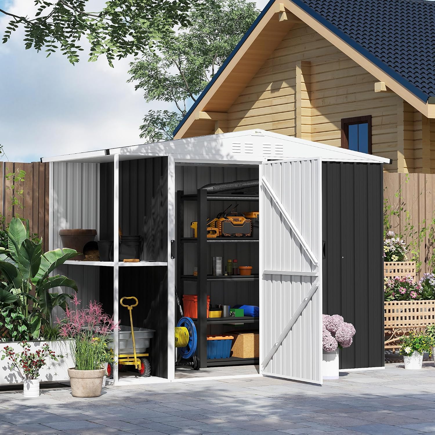 Outsunny 8 x 4ft Outdoor Storage Shed with Lock, 2-Tier Storage Rack, Air Vents, Garden Tool Shed for Backyard, Patio, Lawn, Dark Gray