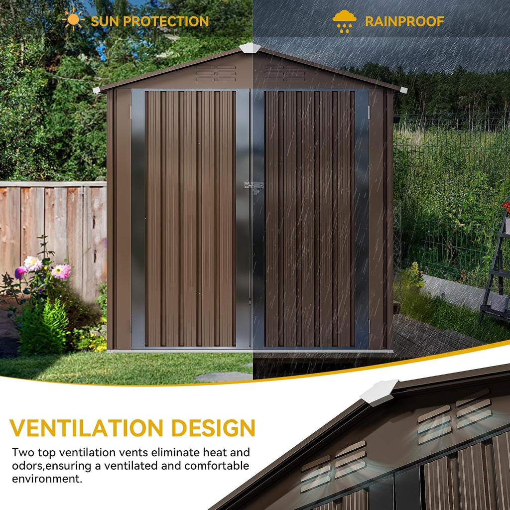 DWVO 6' x 4' Outdoor Storage Shed, Large Metal Tool Sheds, Heavy Duty Storage House with Lockable Doors & Air Vent for Backyard Patio Lawn to Store Bikes, Tools, Lawnmowers,Brown
