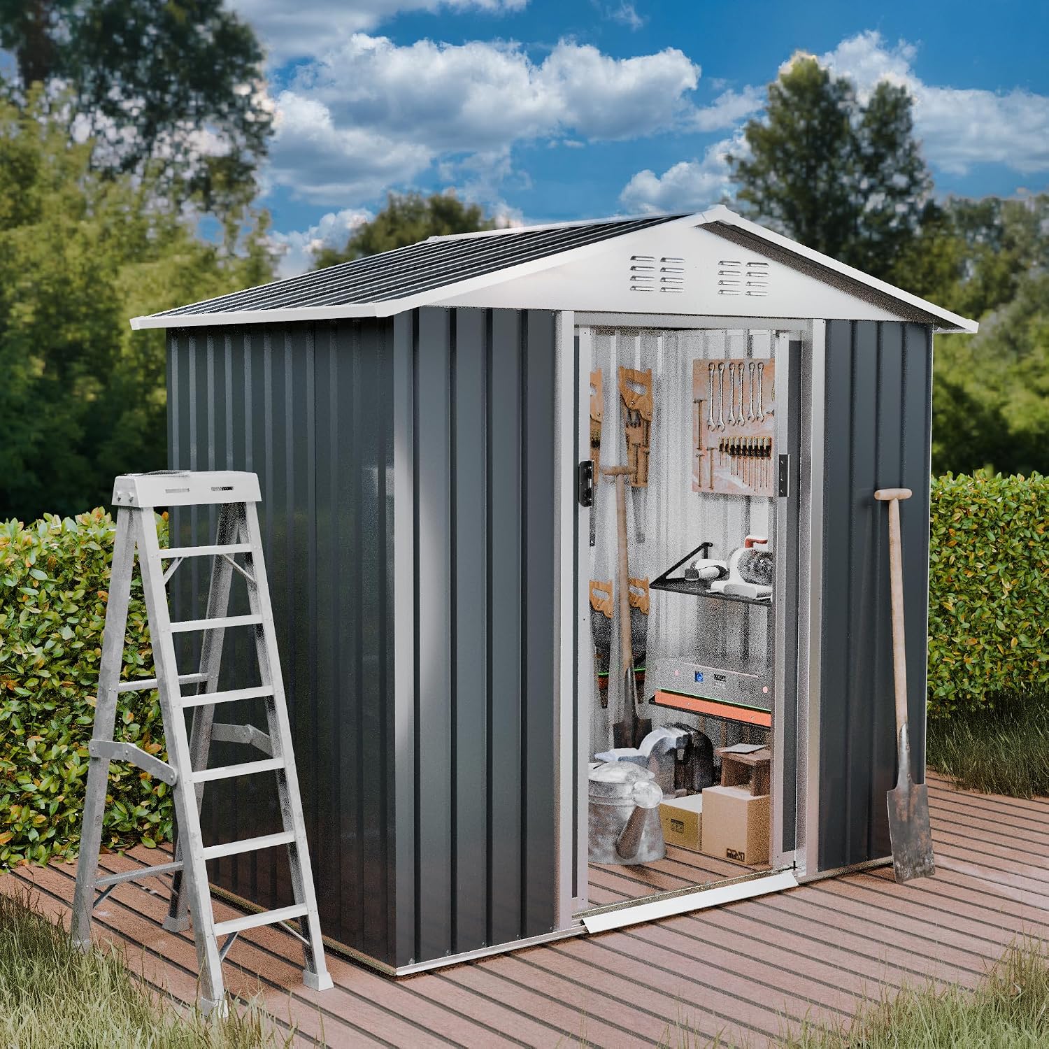 Outdoor Sheds 6FT x 4FT Outdoor Storage, Metal Anti-Corrosion Utility Tool House with Lockable Door & Shutter Vents，Outdoor Waterproof Garden Tool Metal Storage Sheds