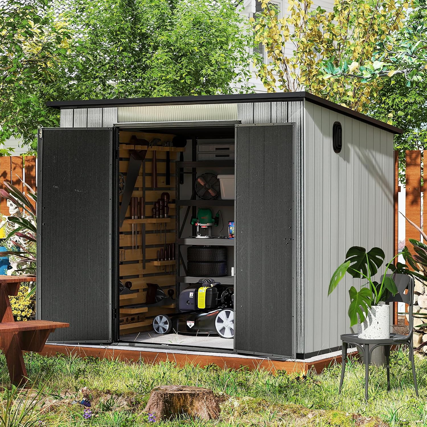 Domi 6x8FT Outdoor Resin Storage Shed, All-Weather Double-Wall Storage Building with Sloping Roof for Backyard, Garden, Lawn Tools, Mower, Bike & Pool Equipment, Lockable Doors, Ventilated Roof
