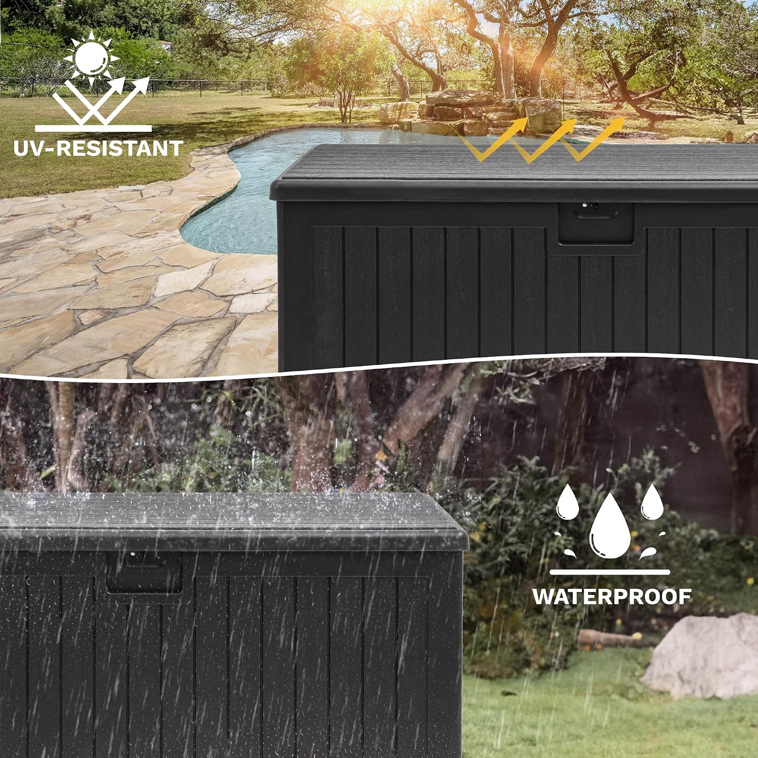 DWVO 180 Gallon Resin Outdoor Storage Box, XXL Double-Wall Waterproof Deck Box, Doubles as Table or Seating with 1000 lbs Capacity, Lockable (Black)