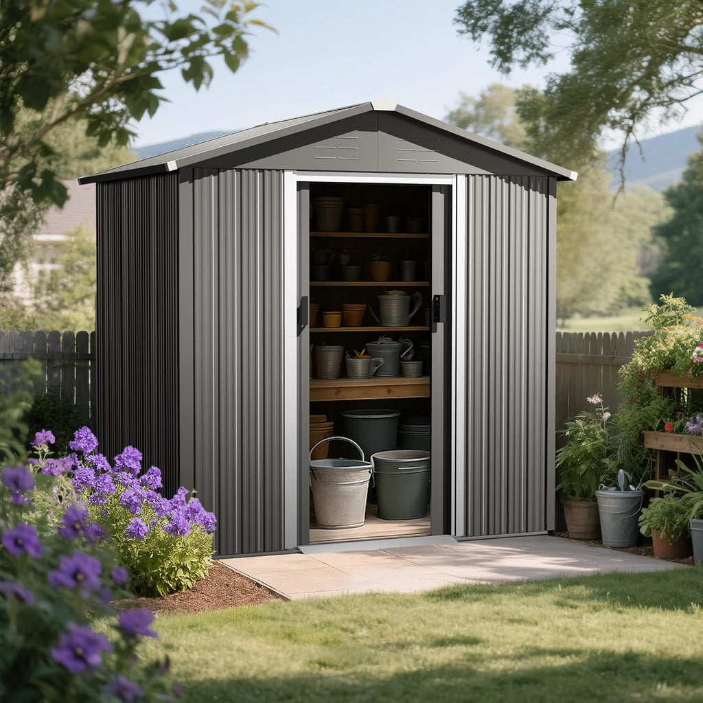 Nuu Garden Outdoor Storage Shed with Sliding Doors, Galvanized Sheet Outdoor Shed with Sloping Roof, Anti-Corrosion Garden Shed with Air Vents for Backyard Patio Lawn, Gray