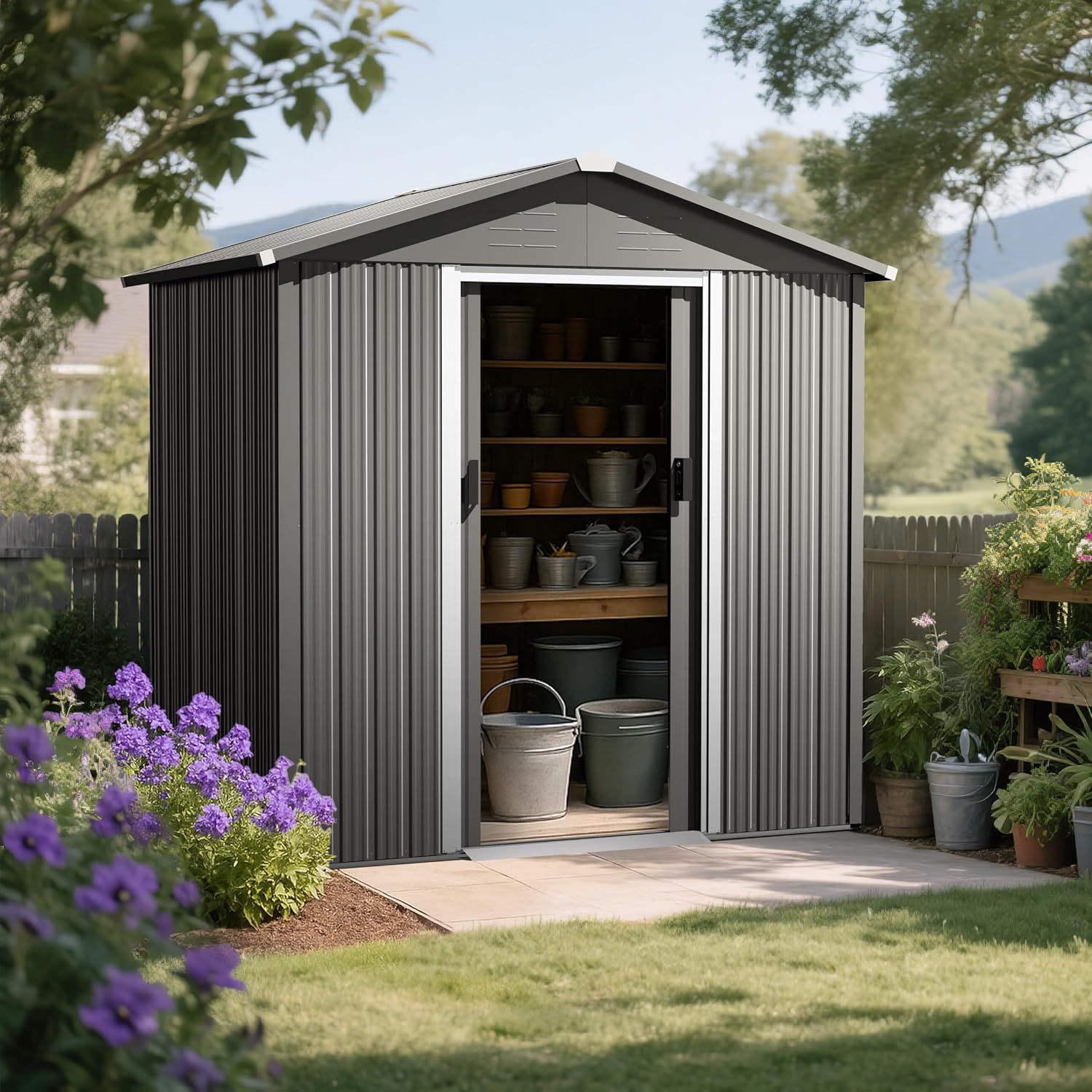 Nuu Garden Outdoor Storage Shed with Sliding Doors, Galvanized Sheet Outdoor Shed with Sloping Roof, Anti-Corrosion Garden Shed with Air Vents for Backyard Patio Lawn, Gray