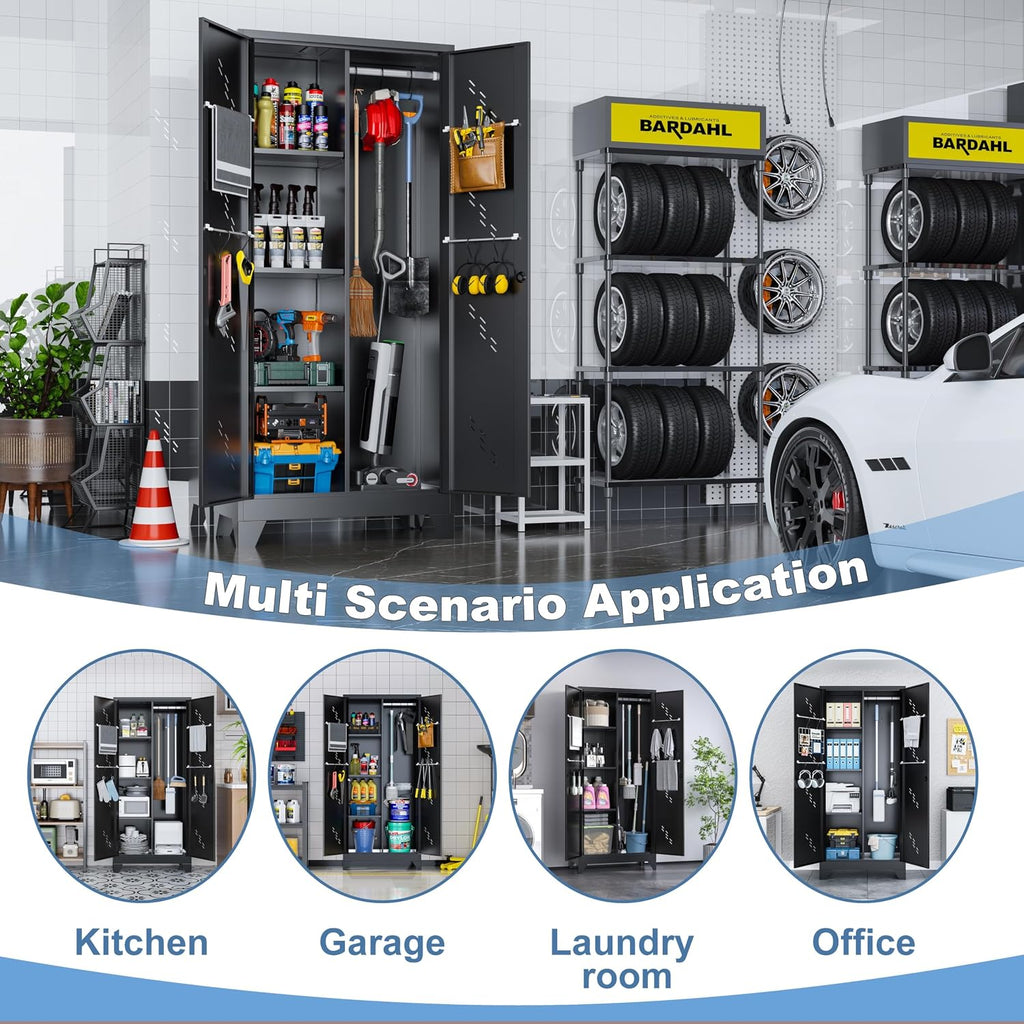 VASAAOSD Metal Garage Storage Cabinet with Locking Doors, 71' Tall Broom Closet Storage Cabinet, Heavy Duty Garage Organization Cabinets, Steel Cabinet with Hanging Rod, Assembly Required
