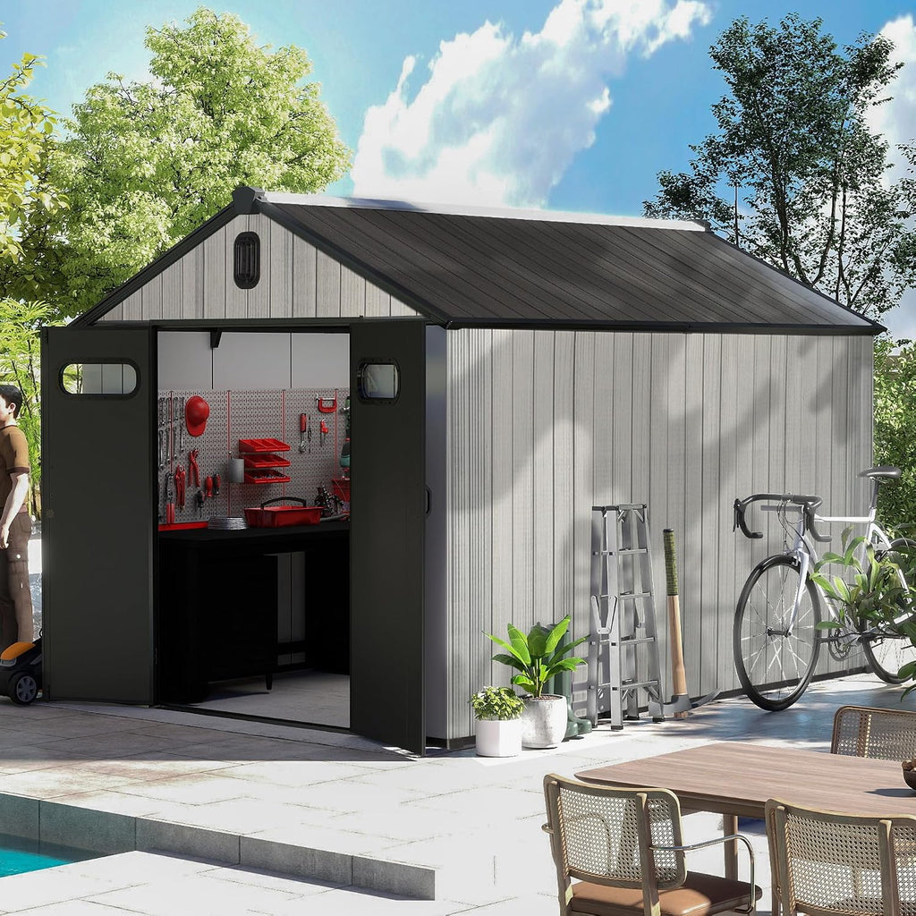 Domi 8x10 FT Outdoor Resin Storage Shed, All-Weather Double-Wall Garden Shed for Backyard, Lawn Tools, Bike, Mower & Pool Equipment with Lockable Doors, Ventilated Roof, Grey