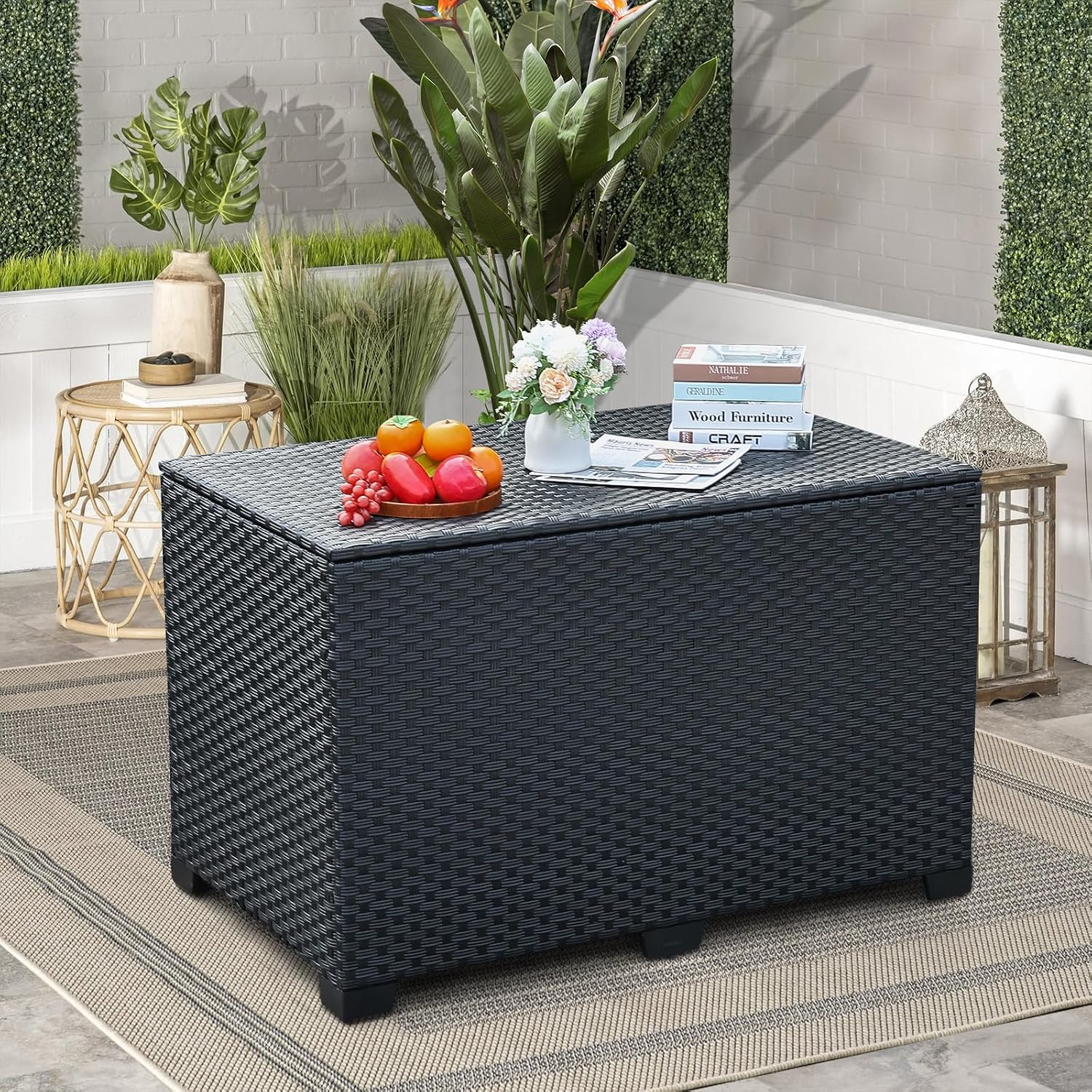 Rattan Star 140 Gallon Patio Storage Bin Wicker Outdoor Storage Box Waterproof Lining Bag Large Deck Box and Cushion Storage Bin Outdoor, Black Wicker