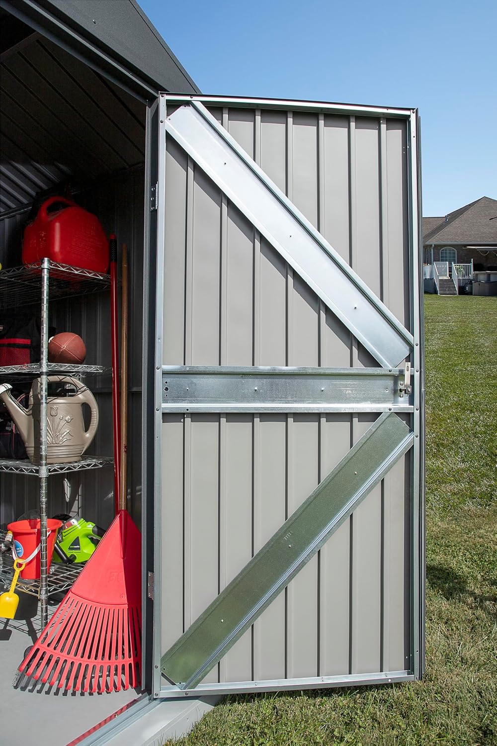 Arrow Shed Elite 12' x 16' Tall Outdoor Steel Storage Shed with High Gable and Lockable Doors Storage Building, Anthracite