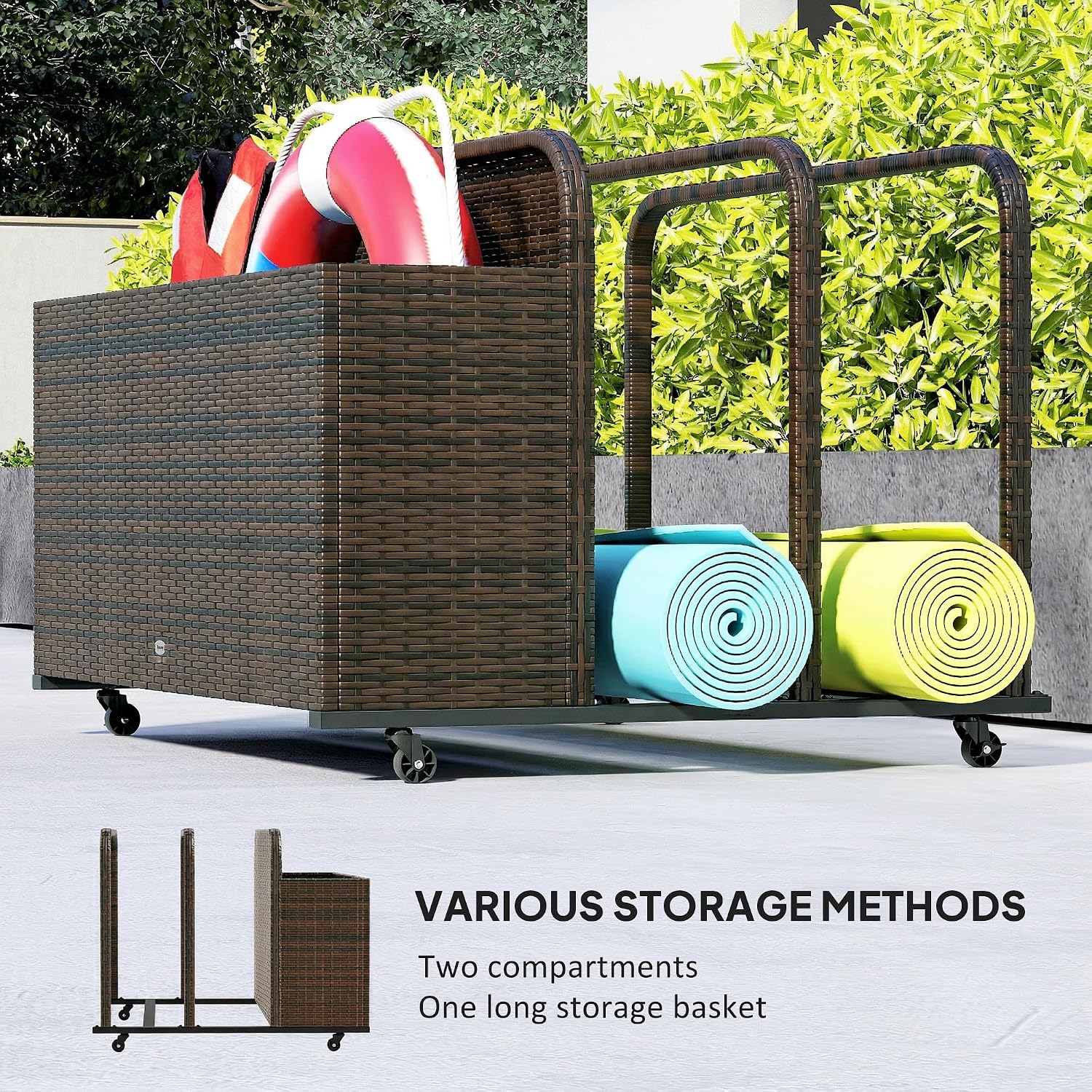 Outsunny Wicker Pool Float Storage Organizer, PE Rattan Outdoor Pool Float Holder with Rolling Wheels for Noodles, Life Vests, Beach Balls, Garden Furniture, Mixed Brown