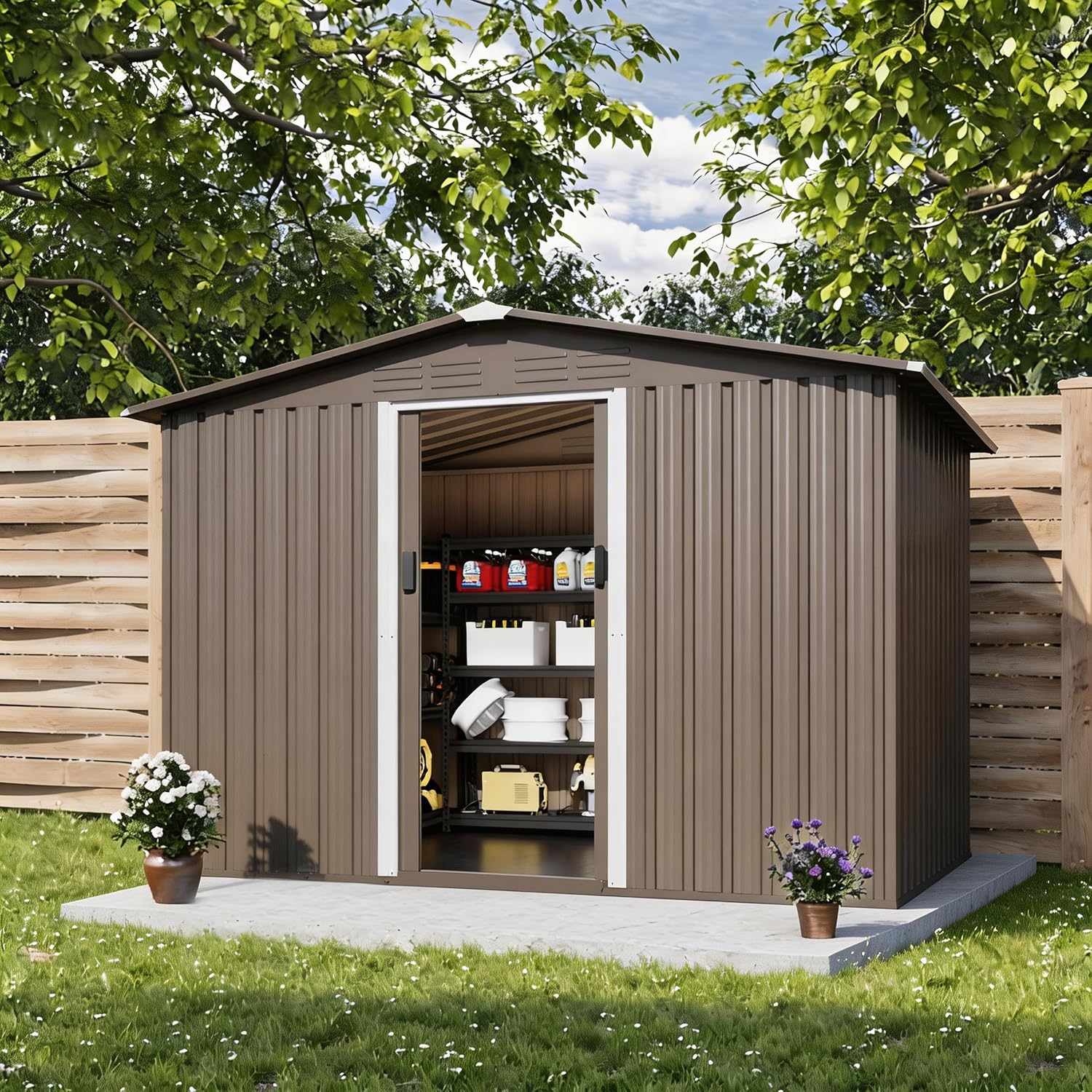 ALAULM 8'x6' Outdoor Storage Shed with Floor Outdoor Galvanized Metal Tool Shed with Vents & Sliding Door, Waterproof Garden Shed for Patio,Lawn,Backyard to Store Bikes,Tools-Brown