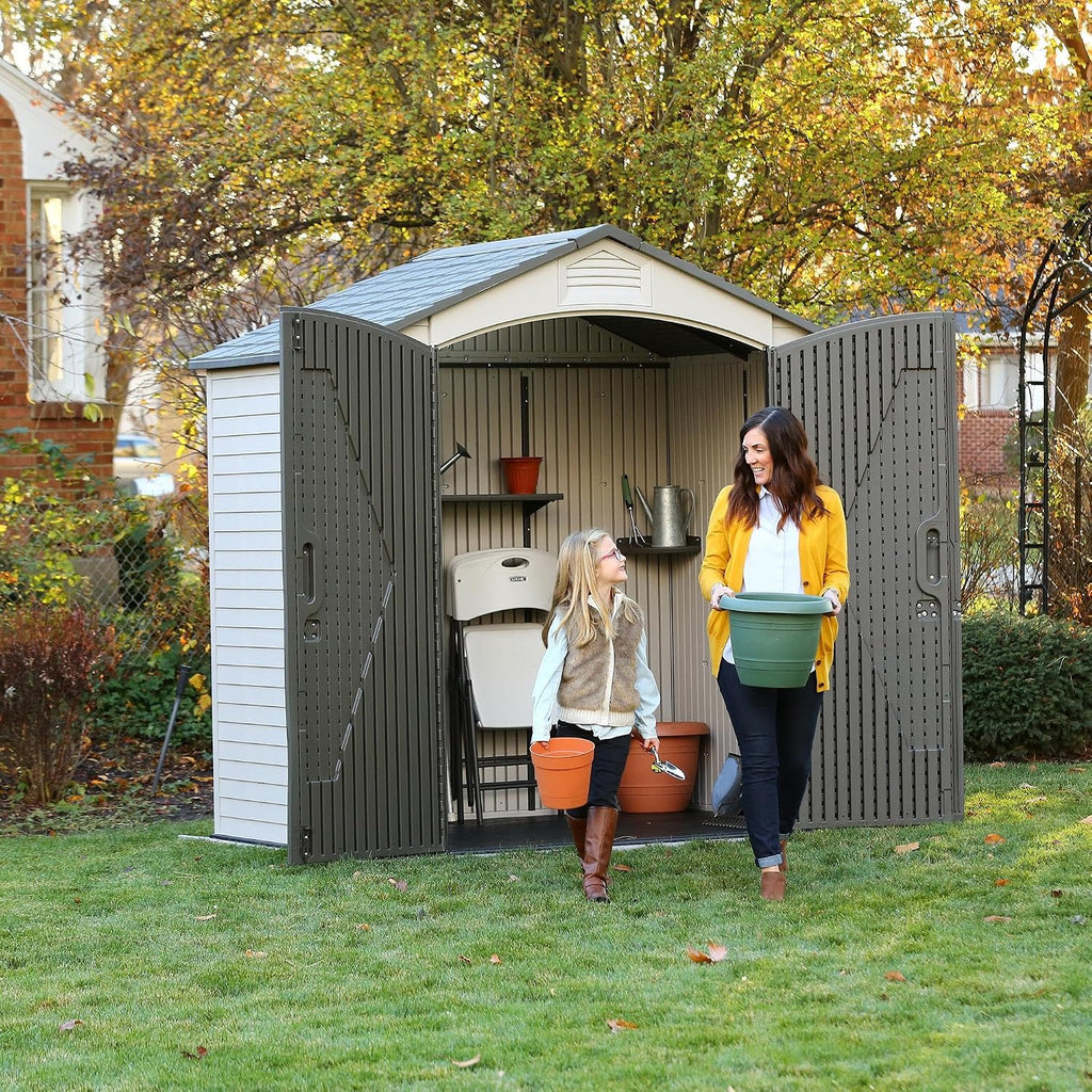 Lifetime 7x4.5 Ft Outdoor Storage Shed, Double Wall Construction, Steel-Reinforced Doors, UV Protected HDPE, Adjustable Shelving, Ridge Skylight, 165 Cu Ft Capacity