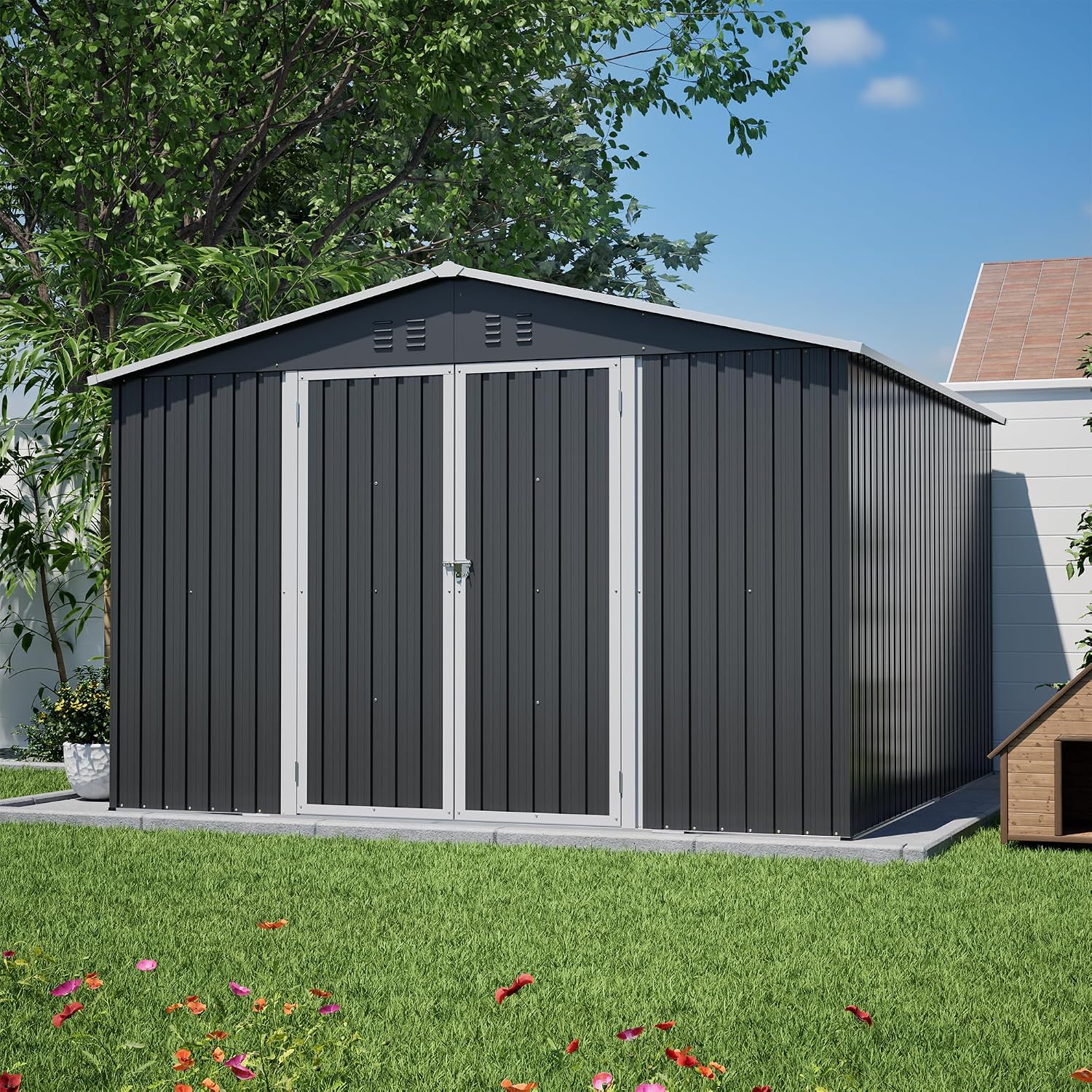 YOPTO 10x10 FT Outdoor Storage Shed,Large Metal Tool Sheds with Updated Frame Structure and Lockable Doors, Garden Shed for Backyard Patio Lawn, Black