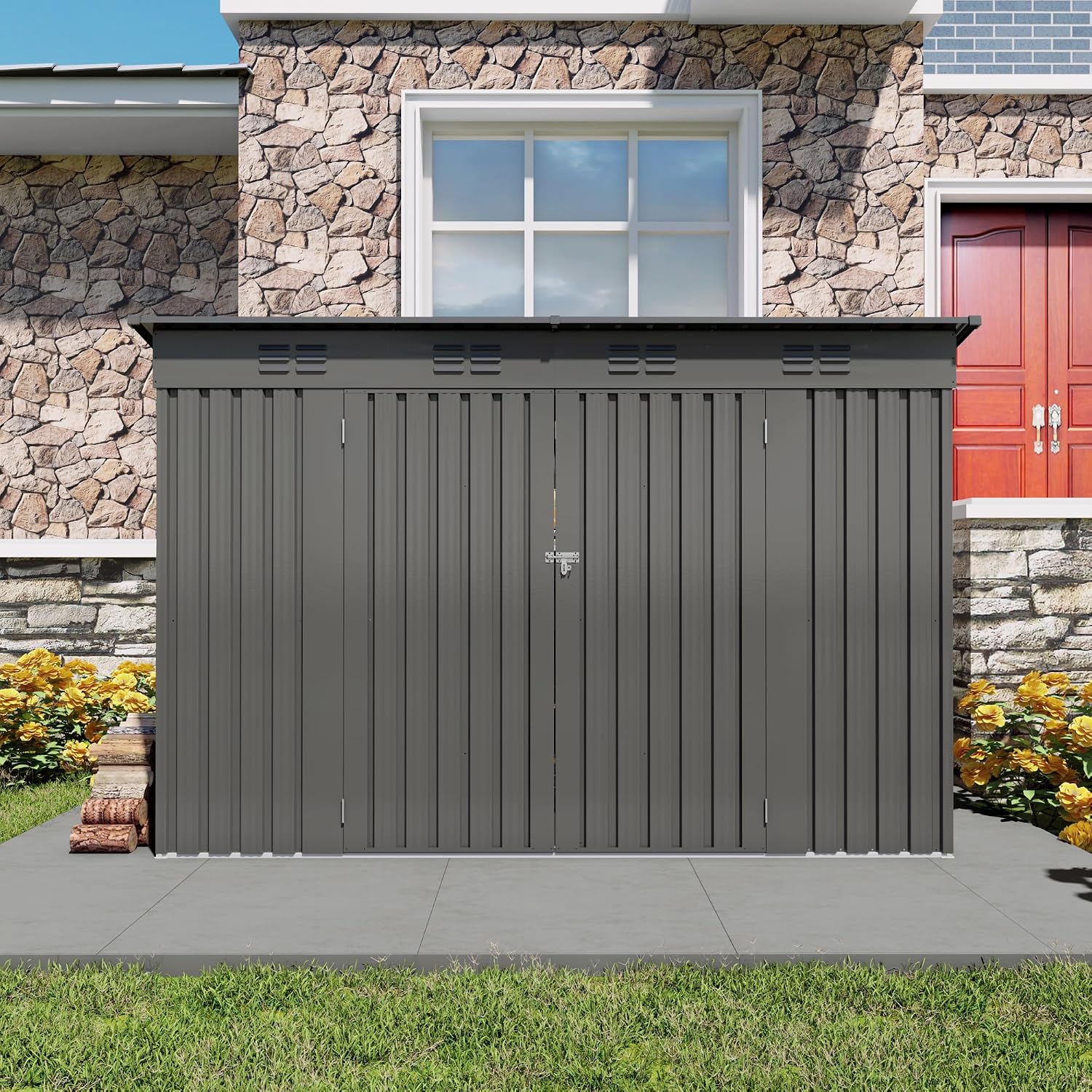 4x9 ft Lean to Shed, Outdoor Storage Shed with Lockable Double Door and Window, Metal Storage Sheds with Sloping Roof and 6 Vents, Outside Garden Tool Sheds for Backyard, Patio (Grey)