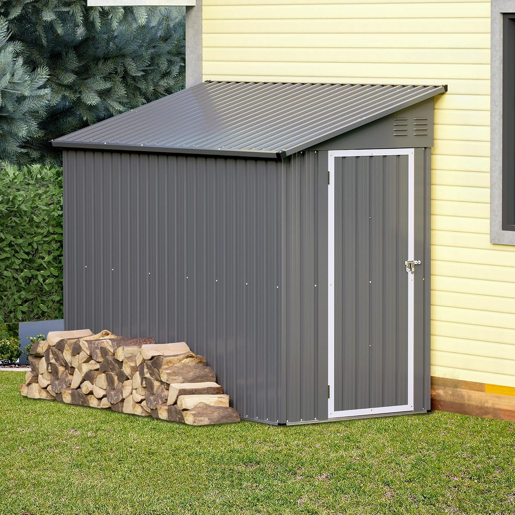 Lean to Storage Shed 4x8 FT Metal Sheds & Outdoor Storage Cabinet Lockable Tool Organization Bike Mower Shed Portable Outside for Garden Patio, Grey