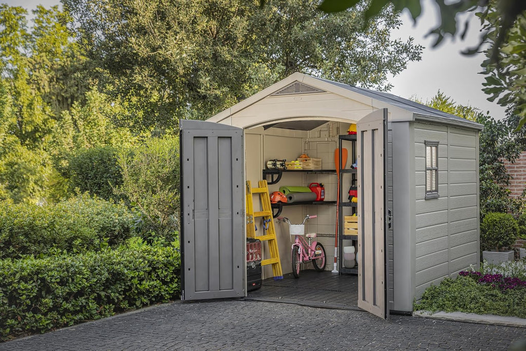 Keter Factor 8x8 Ft All-Weather Storage Shed with Skylight, Window, Built-in Ventilation, Customizable Walls, & Lockable Double Doors, Brown