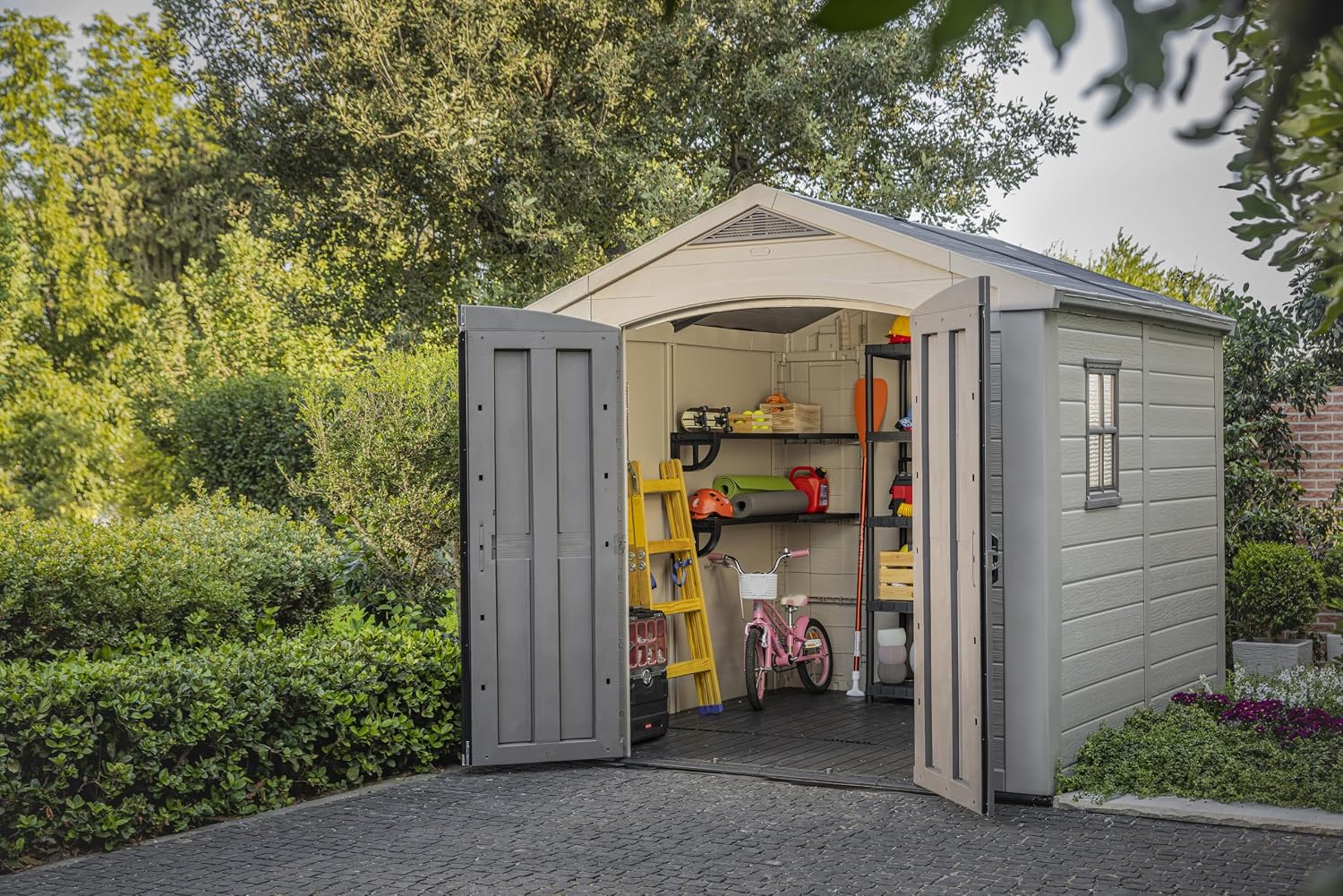 Keter Factor 8x8 Ft All-Weather Storage Shed with Skylight, Window, Built-in Ventilation, Customizable Walls, & Lockable Double Doors, Brown