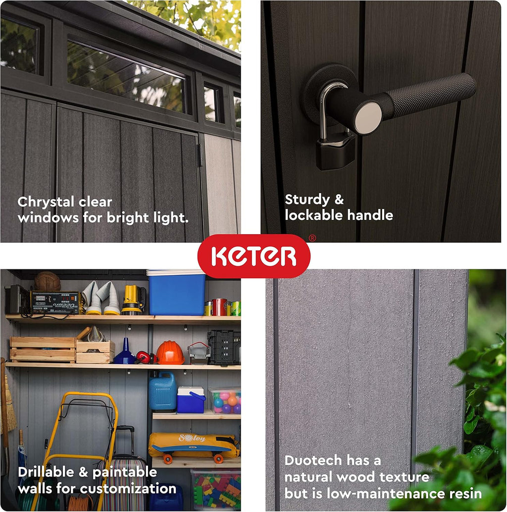 Keter Artisan 7 x 7 Foot Large Modern Design Outdoor Shed with Floor for Outdoor Furniture, Lawn Equipment, Bikes, and Gardening Tools, Gray