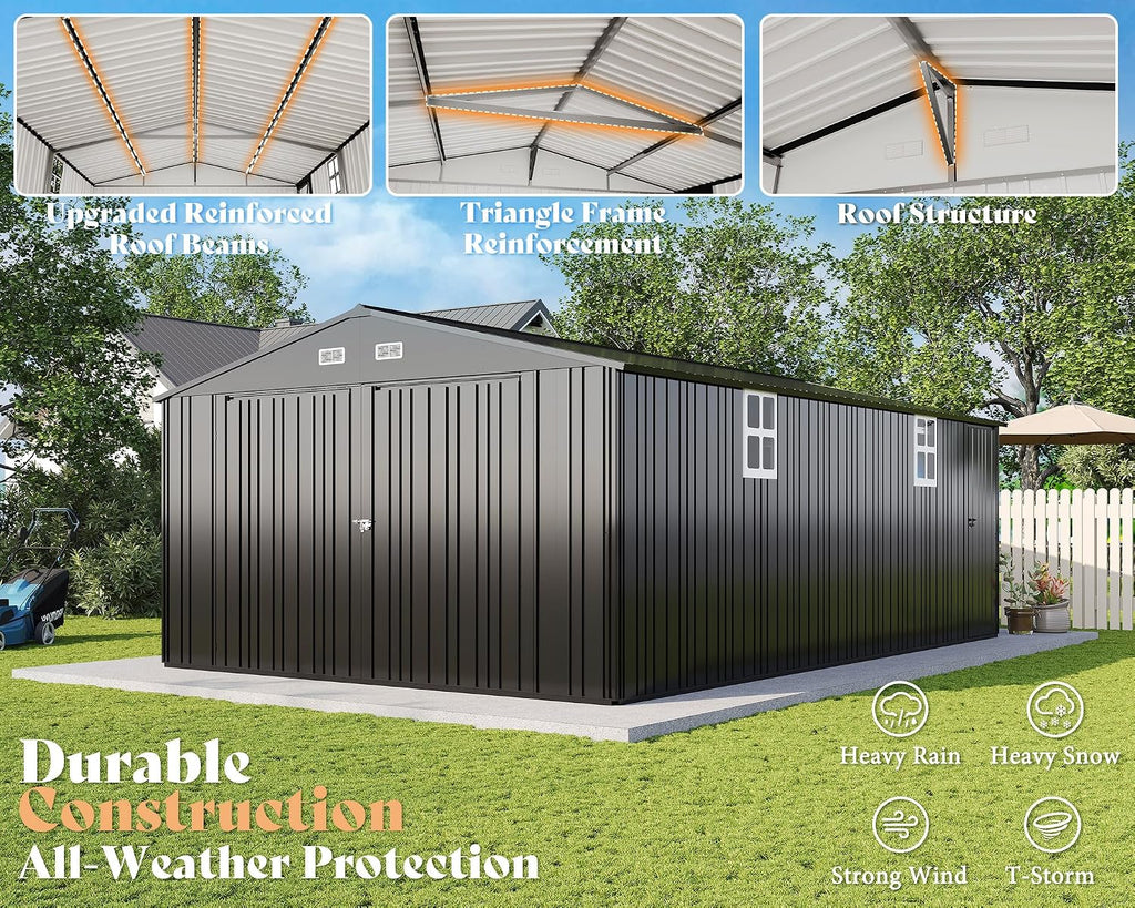 AMERLIFE 13x21x8.4 FT Heavy Duty Metal Garage Shed, Extra Large Outdoor Storage Shed with Double Hinged Doors & 4 Windows, Carport for Car, Boat, Truck and Equipment Storage, Dark Gray