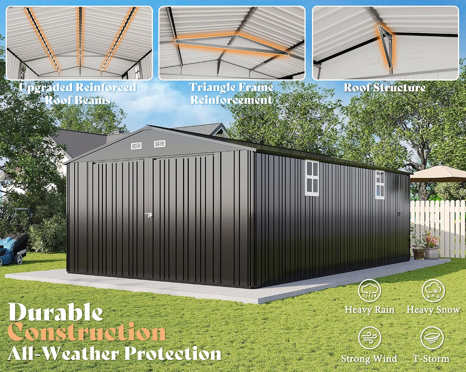 AMERLIFE 13x21x8.4 FT Heavy Duty Metal Garage Shed, Extra Large Outdoor Storage Shed with Double Hinged Doors & 4 Windows, Carport for Car, Boat, Truck and Equipment Storage, Dark Gray