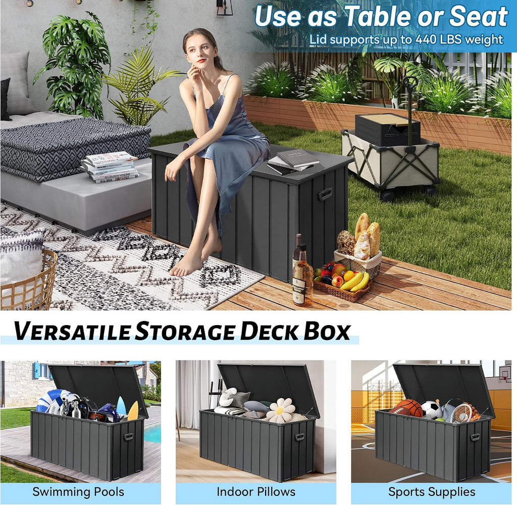 Outdoor Storage Box 100 Gallon, Waterproof Steel Deck Box, Large Patio Furniture Storage Cabinet, Lockable Storage Bench for Porch Package Delivery, Cushions, Pool, Tools- Dark Grey
