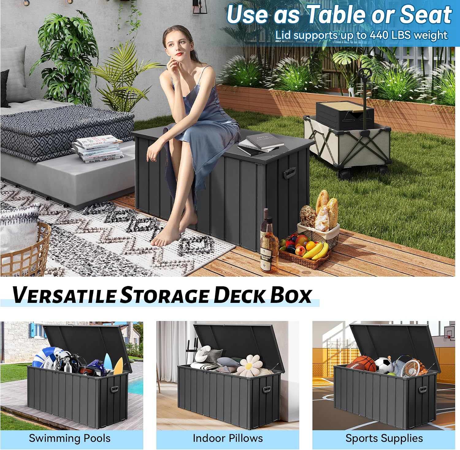 Outdoor Storage Box 100 Gallon, Waterproof Steel Deck Box, Large Patio Furniture Storage Cabinet, Lockable Storage Bench for Porch Package Delivery, Cushions, Pool, Tools- Dark Grey