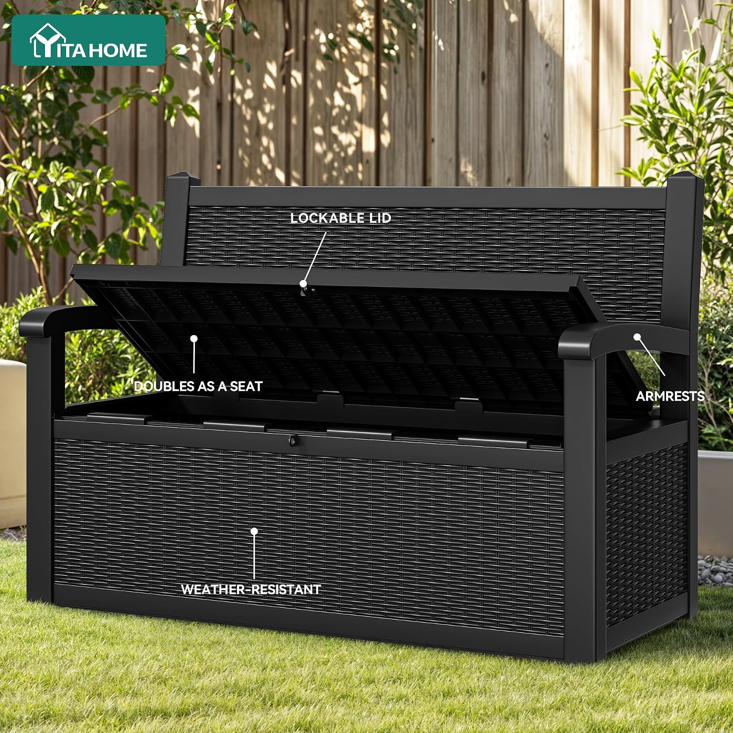 YITAHOME 80 Gallon Storage Bench Deck Box, Lockable Patio Bench with Hidden Storage, Waterproof Outdoor Pool Deck Storage for Patio Cushions, Garden Tools and Pool Supplies, Black