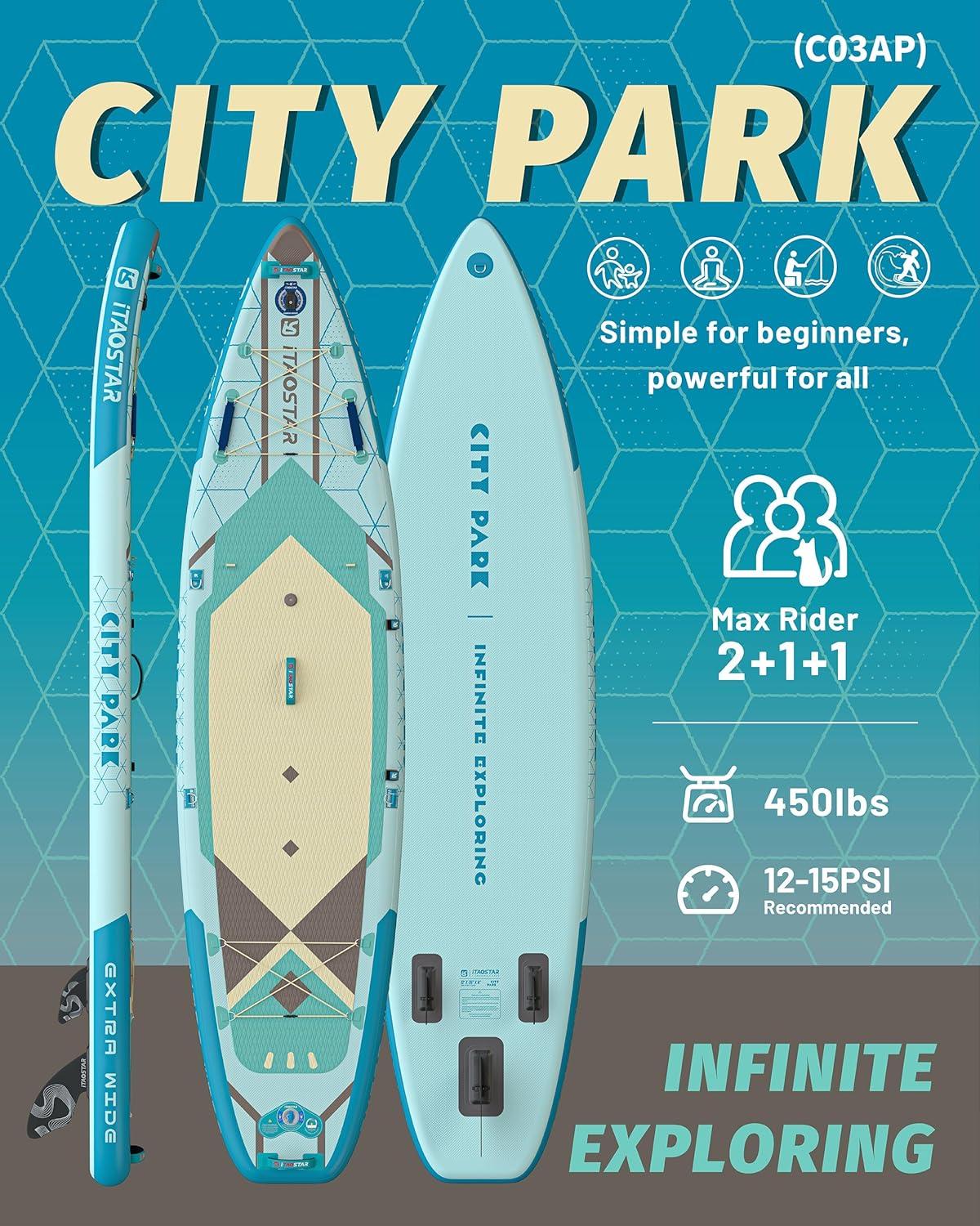 iTAOSTAR City Park 12'×35' Extra Wide Paddle Board with Seat, One-Stop Premium SUP Board Gears, Tailored 5 Fins, Stable Inflatable Stand Up Paddle Boards for Youth/Adults of All Levels