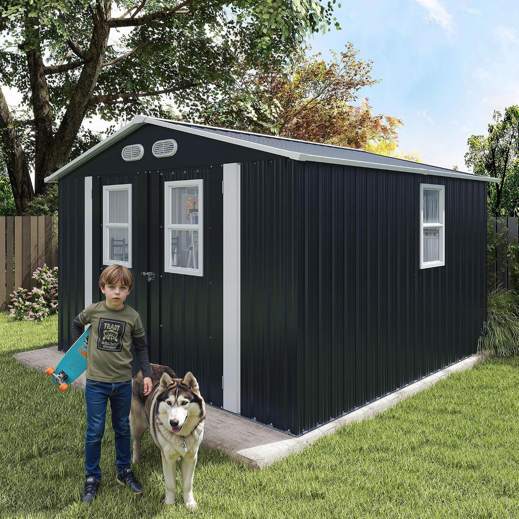 KEIKI 8x8 Metal Storage Shed with Protective Film, Four Daylight Windows, Lockable Doors, Heavy-Duty Color Steel Outdoor Storage Shed for Backyard Garden, Sheds & Outdoor Storage, Dark Gray