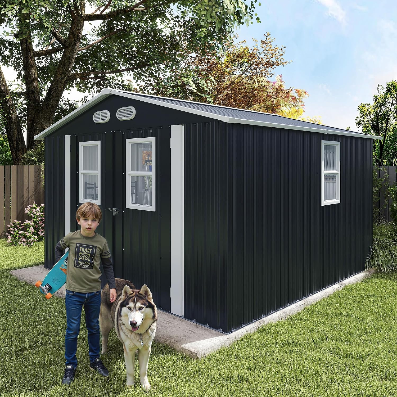 KEIKI 8x8 Metal Storage Shed with Protective Film, Four Daylight Windows, Lockable Doors, Heavy-Duty Color Steel Outdoor Storage Shed for Backyard Garden, Sheds & Outdoor Storage, Dark Gray