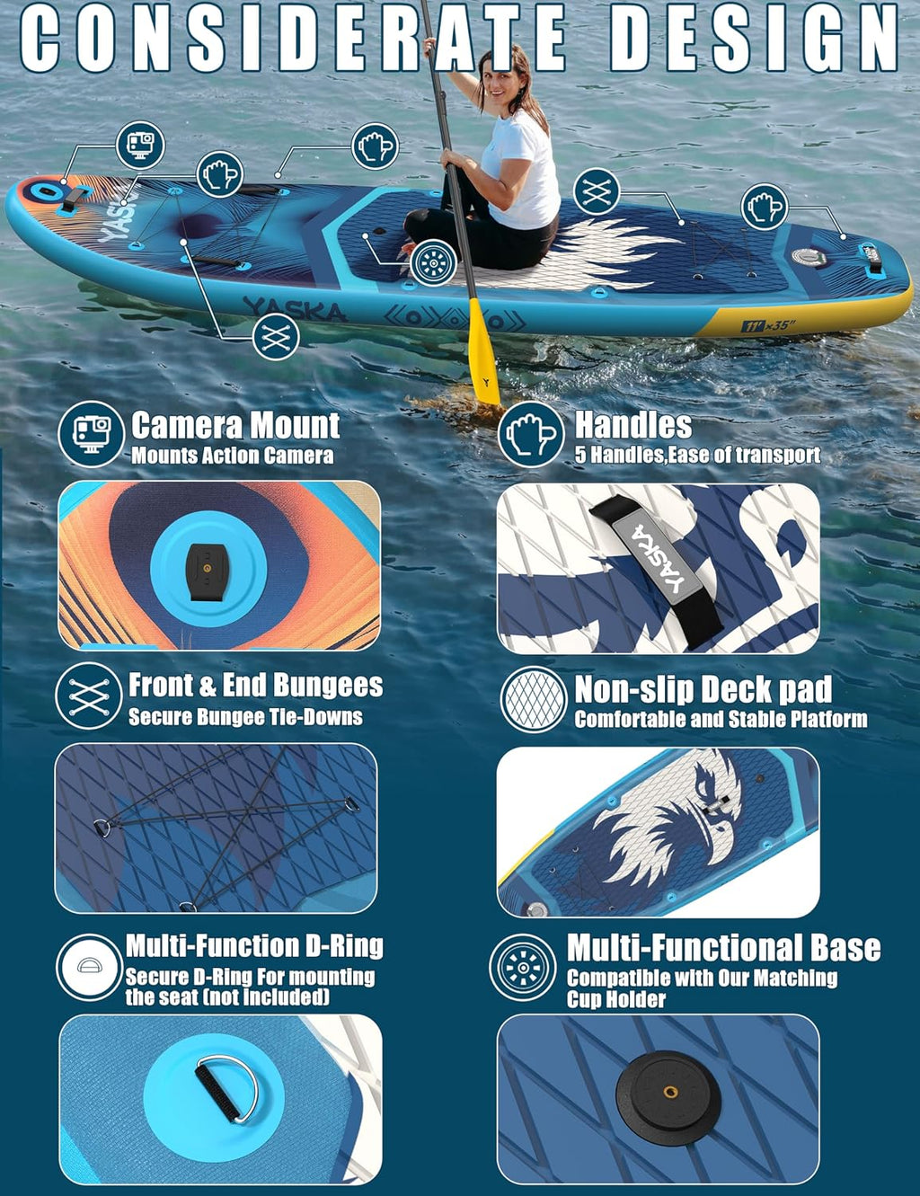 YASKA Inflatable Stand up Paddle Board 11ft with Premium SUP Accessories,Extra Wide Design Non-Slip Paddleboard for Beginner Adults Advenor Yoga Fishing