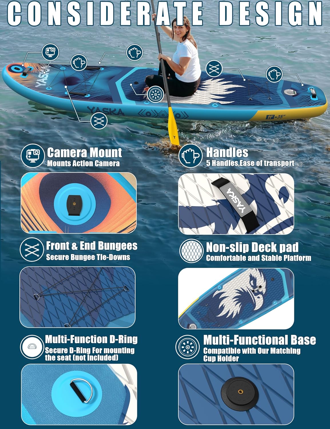 YASKA Inflatable Stand up Paddle Board 11ft with Premium SUP Accessories,Extra Wide Design Non-Slip Paddleboard for Beginner Adults Advenor Yoga Fishing