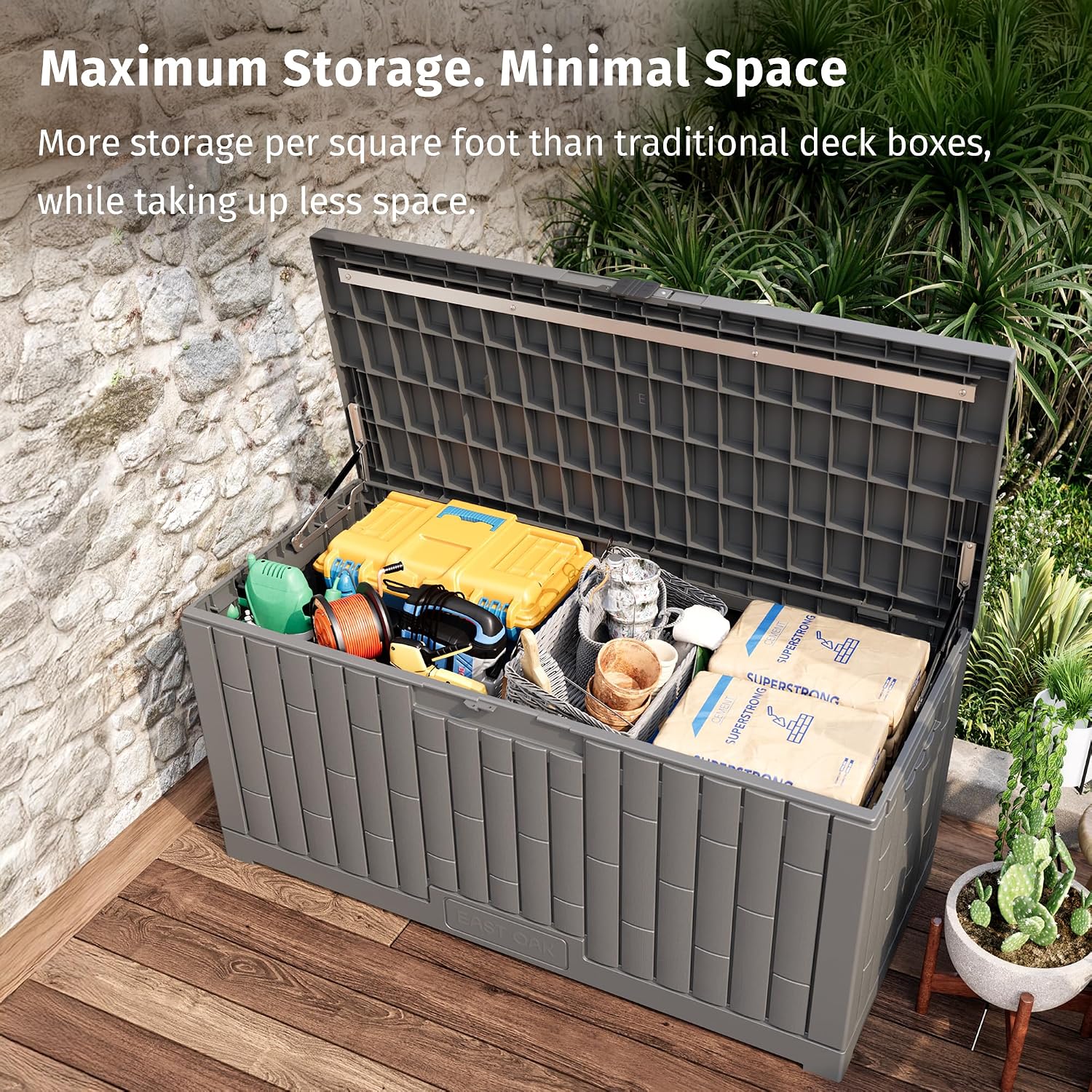 EAST OAK 120 Gallon Outdoor Storage Box, Large Resin Deck Box with Reinforced Stainless Steel Support, Waterproof & UV-Resistant Patio Storage Boxes for Cushions, Garden Tools & Pool Accessories, Grey