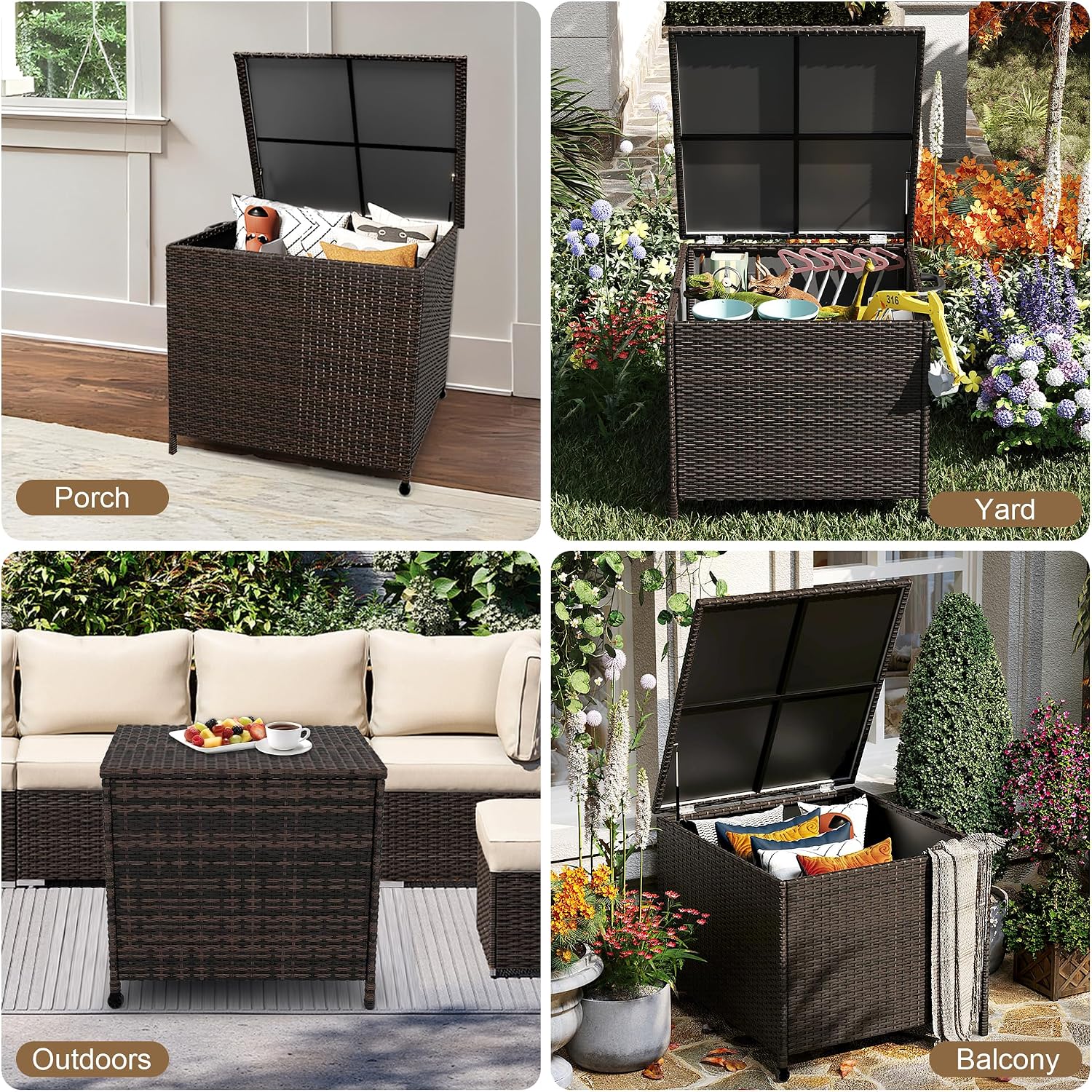 Large Deck Box Waterproof PE Rattan Outdoor Storage Box with Handles and Wheels, Storage Bin for Garden, Balcony, Porch, Pool, Yard (Brown, 80 US Gallon)