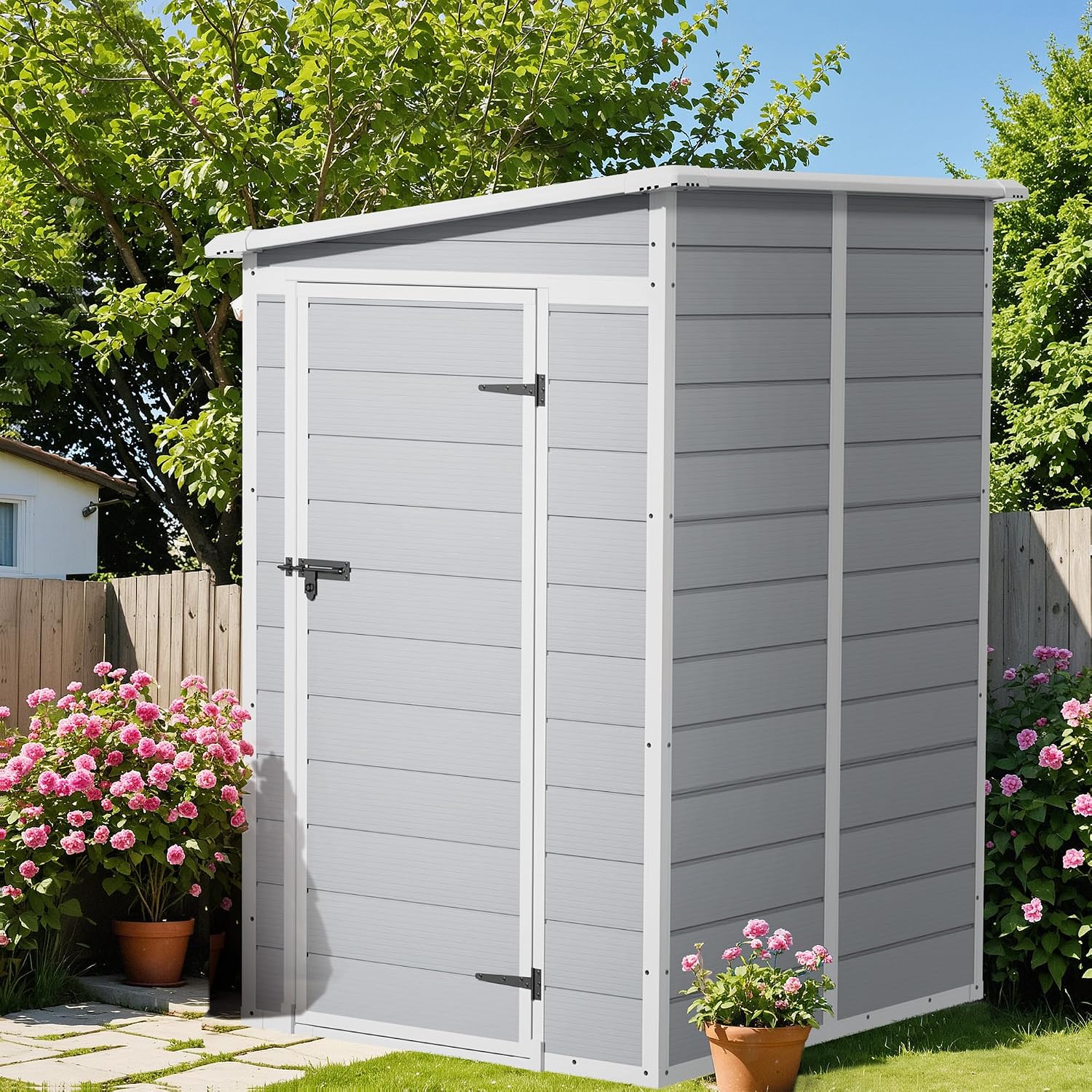Flamaker 5 x 4 FT Outdoor Storage Shed, Garden Resin Shed with Floor & Windows, Plastic Tool Shed with Lockable Door for Backyard Patio Lawn Pool, Light Gray
