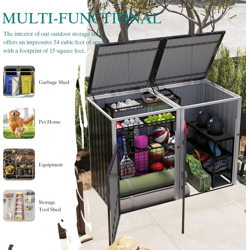 54 Cu Ft Outdoor Storage Shed, Metal Garbage Tool Trash Can Storage, Stainless Galvanized Steel, Pneumatic Support Rod, 2 Chains, Bike Storage Shed for 2 Trash Bins (Dark Gray)