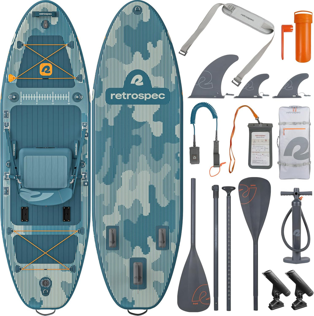 Retrospec June Nano Kids Inflatable Fishing Paddle Board SUP Kayak: 9'6' Hybrid Paddleboard with Rod Holders, Removable Seat - Lightweight Portable Youth Fishing Board