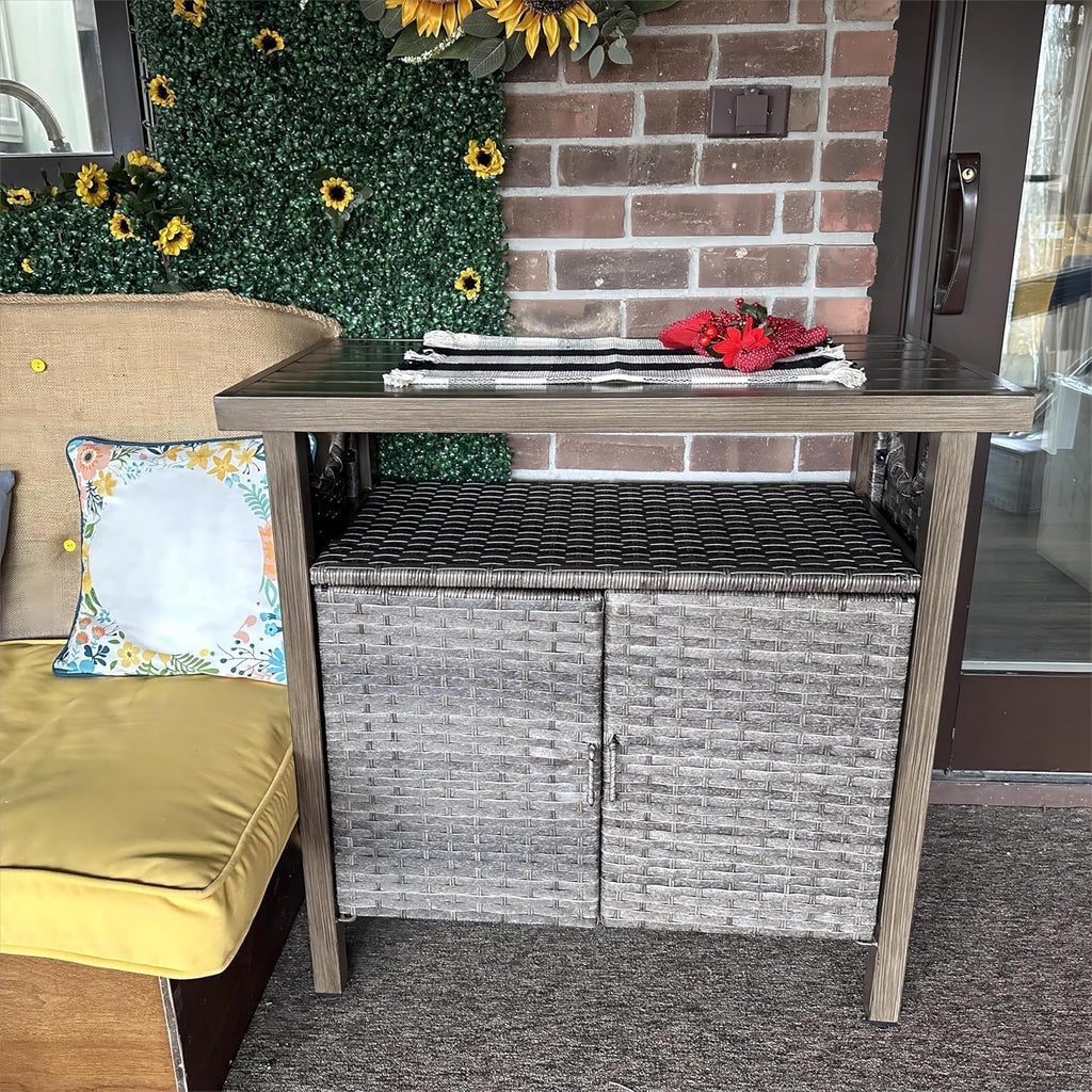 YITAHOME Outdoor Storage Cabinet, Patio Bar Table with Two Doors and Shelves, Weatherproof Wicker Storage Console Table for Outdoor Cushions, Pool Tool and Garden Potting - Brown