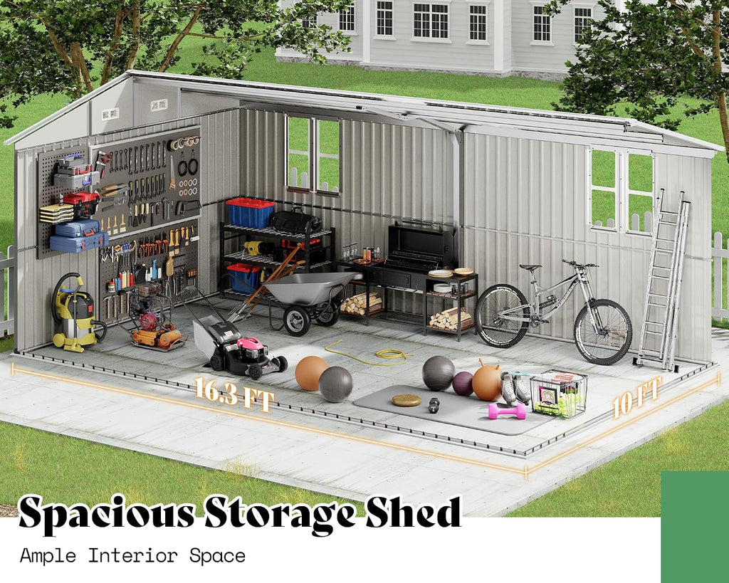 AMERLIFE 10x16x7 FT Outdoor Storage Shed with 2 Transparent Panels, Metal Garden Shed with Hinged Double Doors, 4 Windows & 4 Vents, Reinforced Steel Frame for Backyard, Garden, Dark Gray