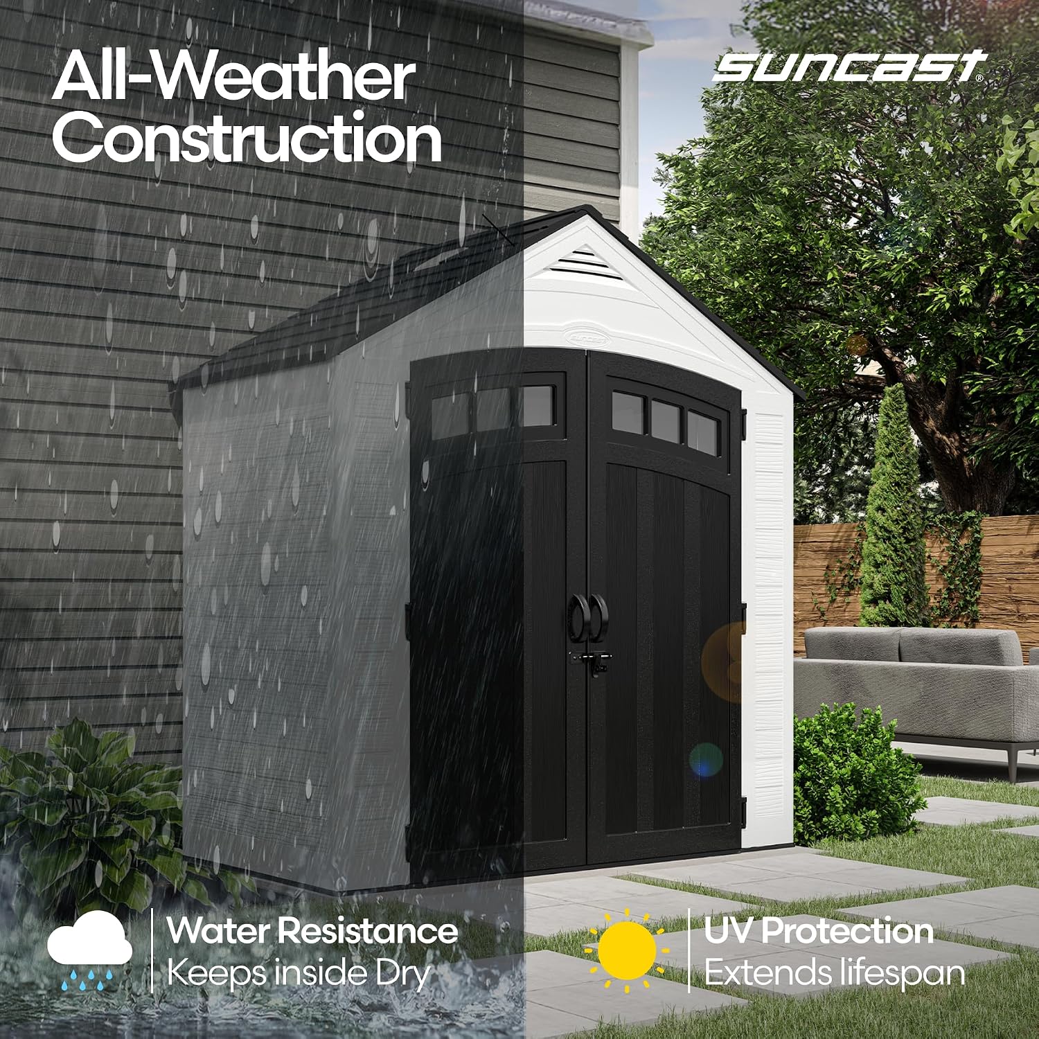 Suncast 7x4 Ft. Vista Vertical Resin Shed - Outdoor Storage Shed with Floor, Double Doors, IllumiVent™ Ventilation, Reinforced Resin Panels - Ideal for Ladders, Long-Handled Tools, & Garden Equipment