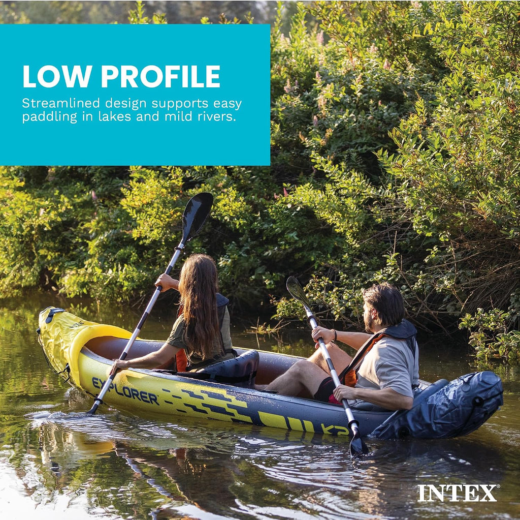 Intex 68307EP Explorer K2 Inflatable Kayak Set: Includes Deluxe 86in Aluminum Oars and High-Output Pump – SuperStrong PVC – Adjustable Seats with Backrest – 400lb Weight Capacity