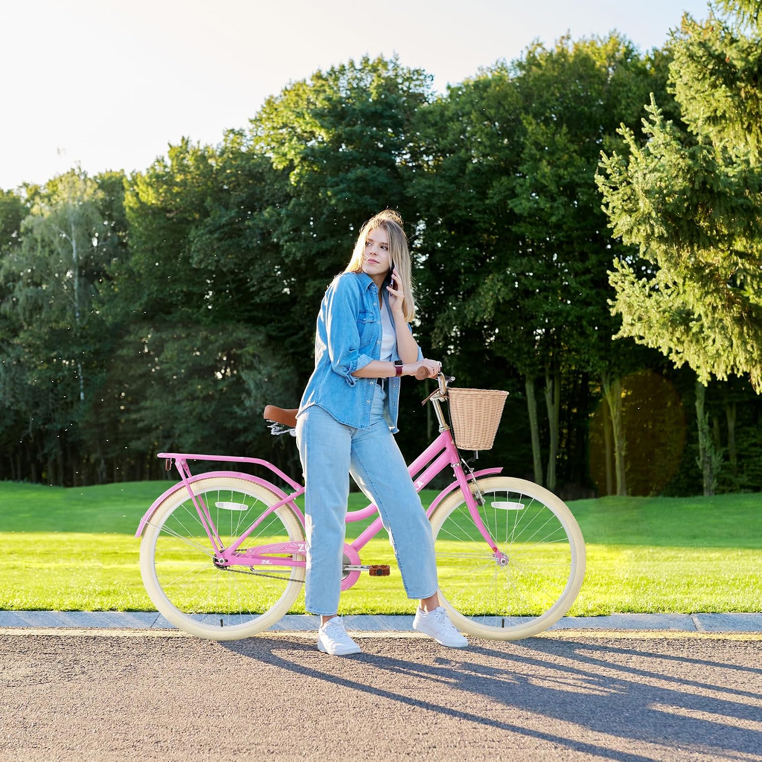 MEGHNA Cruiser Bike 24inch Wheels Girls Women Bike Single Speed Commuter Bike V-Brake and Coast Brake Women Ladys Bicycle, Multicolors
