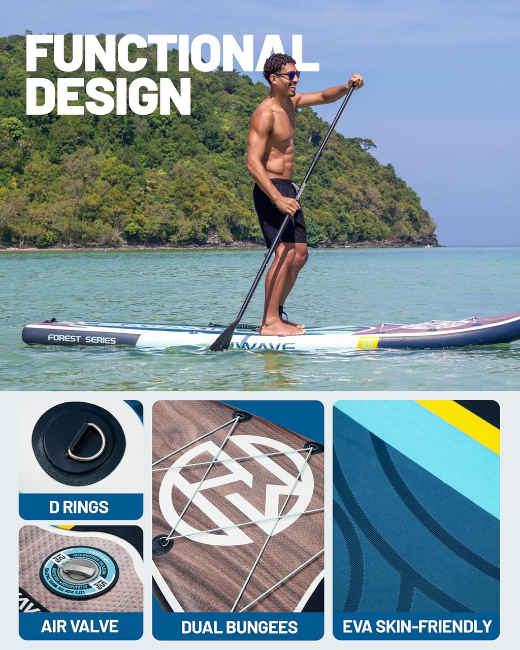 Hiwave Inflatable Paddle Board 11 '* 34 '* 6' Extra Wide Sup Board, 420lb Capacity Paddle Board for Adults, Suitable for Sea and Lakes, 2+1Family Board