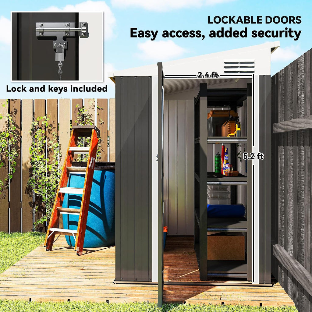 Outsunny 4' x 7.7' Metal Outdoor Storage Shed, Lean to Storage Shed, Garden Tool Storage House with Lockable Door and 2 Air Vents for Backyard, Patio, Lawn, Dark Gray
