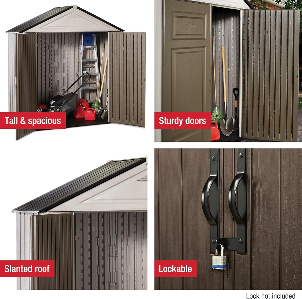 Rubbermaid Resin Outdoor Storage Shed With Floor (7 x 3.5 Ft.) Weather Resistant Brown/Grey Organization for Home/Lawn Mower/Backyard Equipment/Bike Storage/Pool Supplies